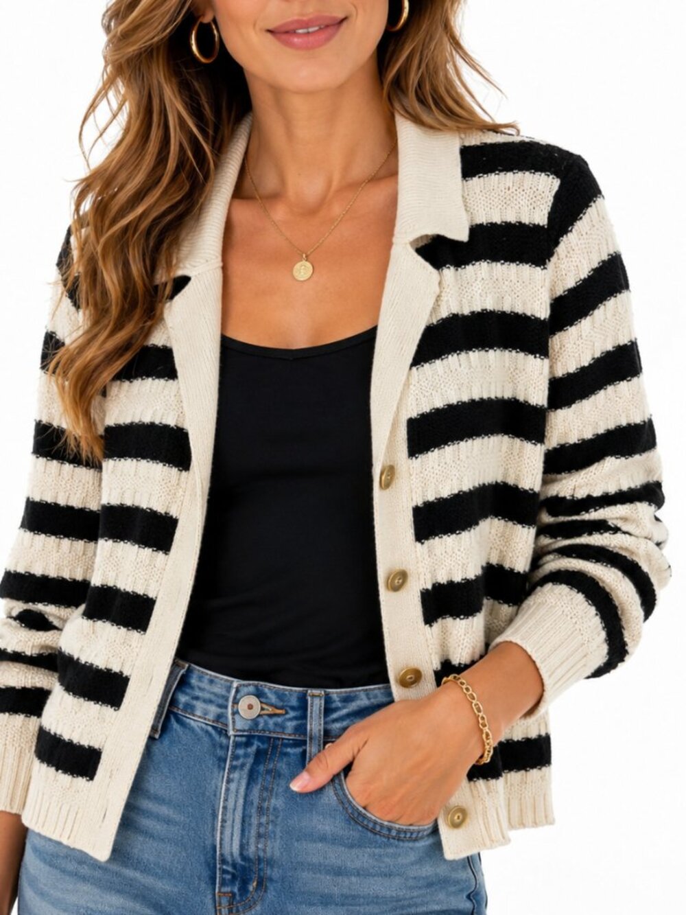 J.Jill Wearever Striped Knit Cardigan Black Cream Button Front Small Petite - Picture 9 of 9
